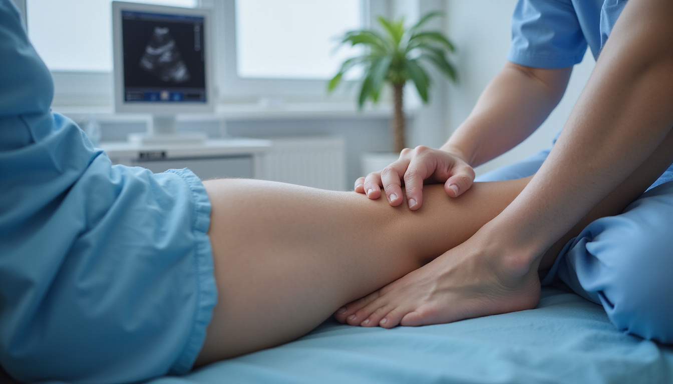  Doctor treating swollen knee with aspiration and ultrasound guidance, patient calm, clinical, educational poster