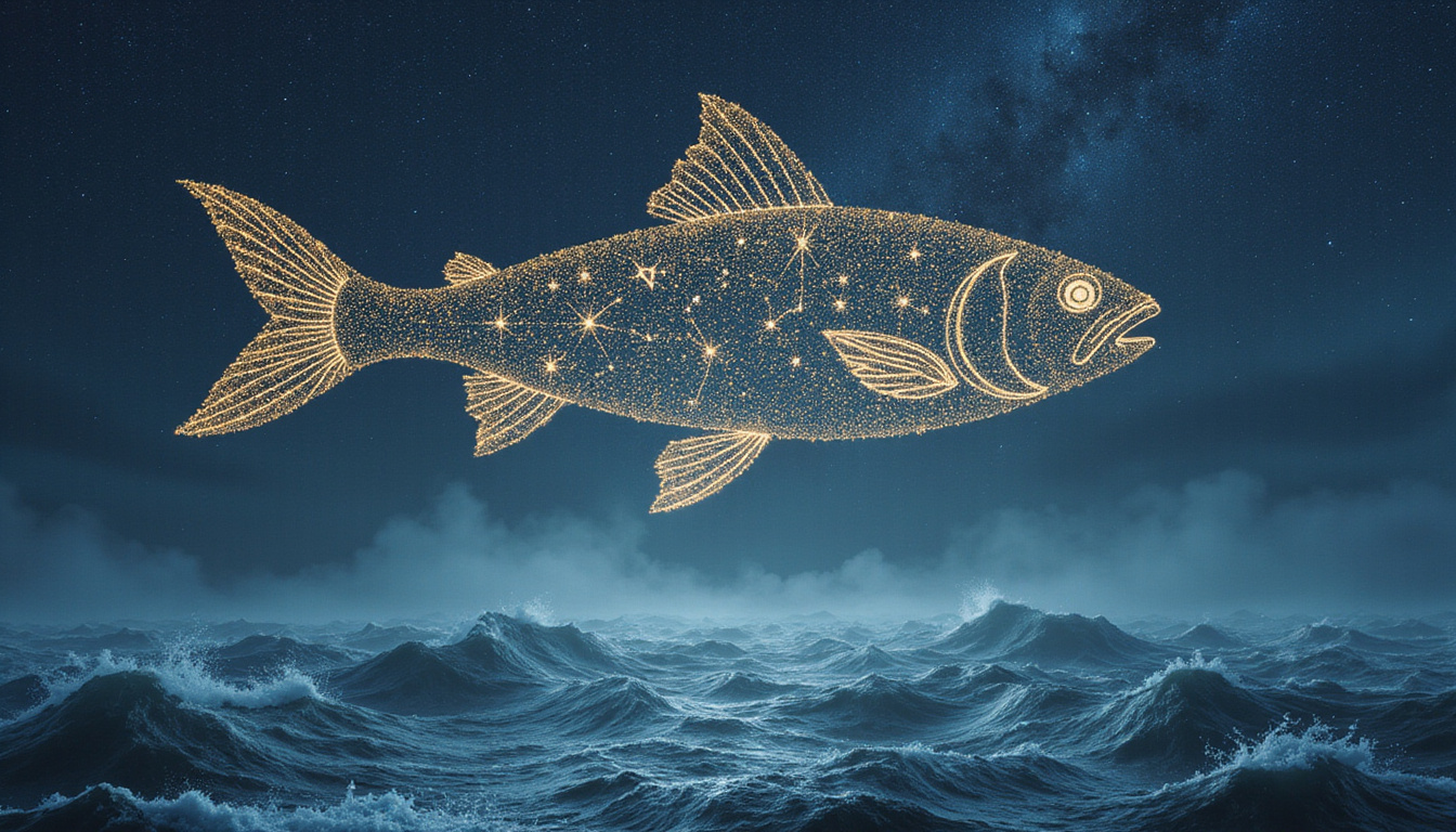  Ancient fish-shaped constellation unfolding into seven luminous meanings above a storm-tossed sea