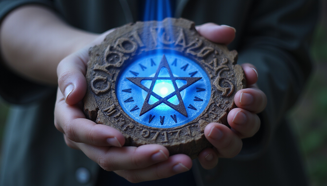  Handheld wooden talisman carved pentacle radiating blue protective aura, sigils, lunar backdrop