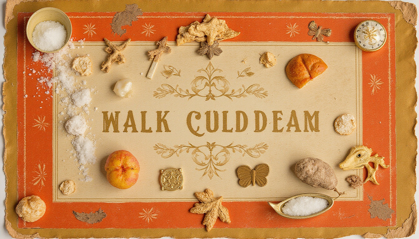  Warm vintage collage of childhood lucky charms, spilled salt, knock on wood, palmistry lines