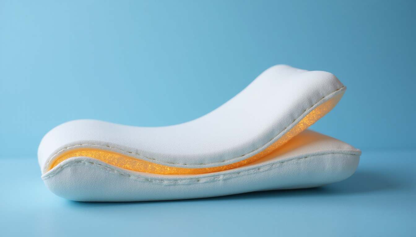 Cutaway illustration of spine alignment, memory foam pillow support, nighttime relief, soft blue tones