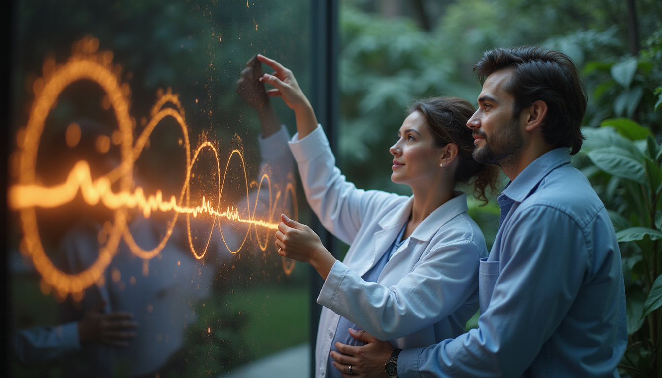 Doctor pointing at glowing prenatal timeline, serene parents, botanical nursery background, hopeful atmosphere