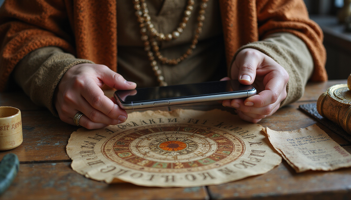 Ancient astrologer in toga consulting holographic zodiac, papyrus scrolls and smartphone on oak table