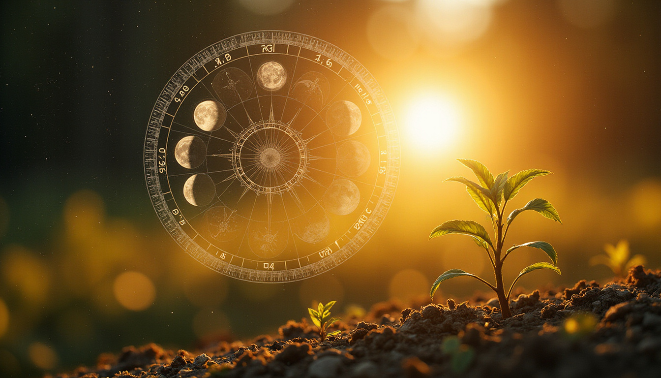  Astrological chart overlaid with lunar phases, golden light unfurling like seedlings