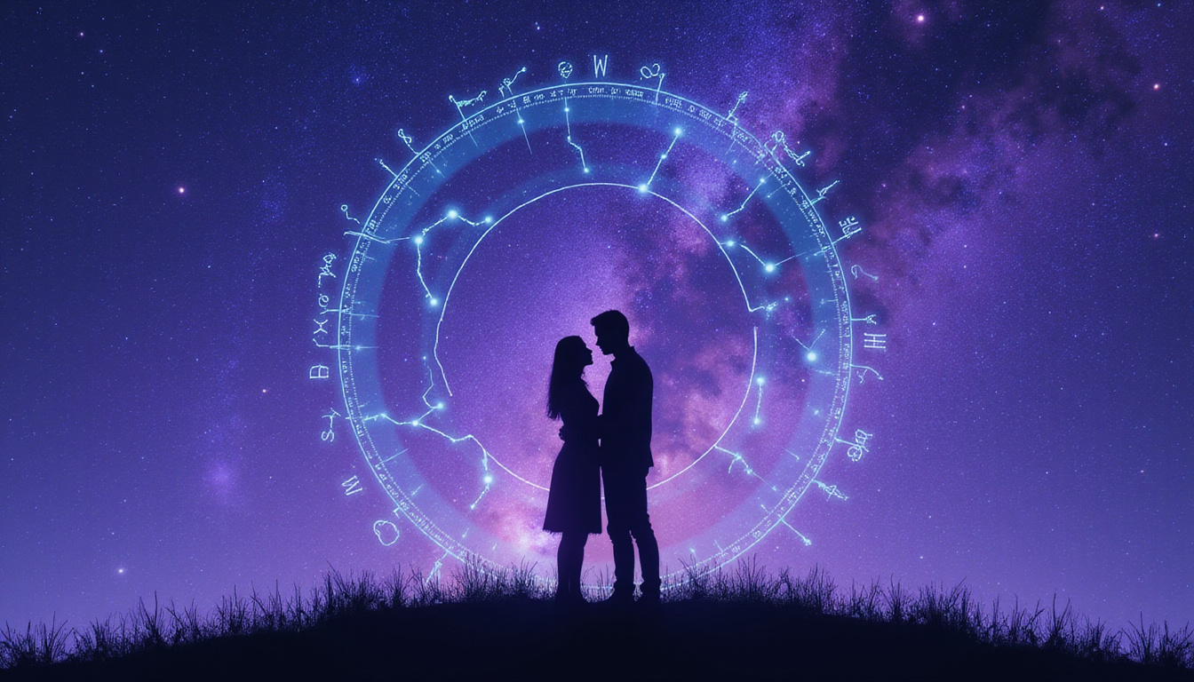 Silhouetted couple connected by constellations, attachment symbols, swirling astrology chart, vivid purple blue cosmos
