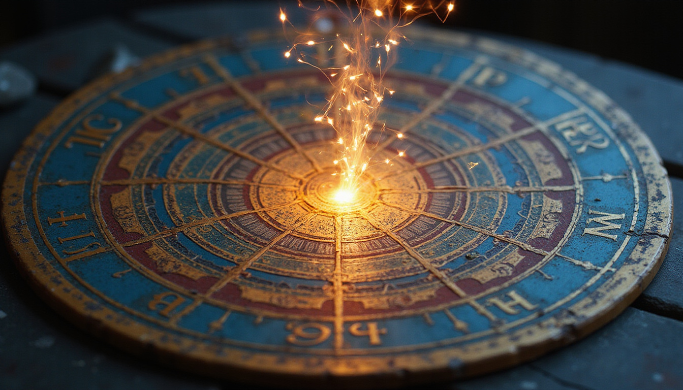 Mystical astrologer releasing luminous predictive energies from celestial gears and vintage horoscope wheel