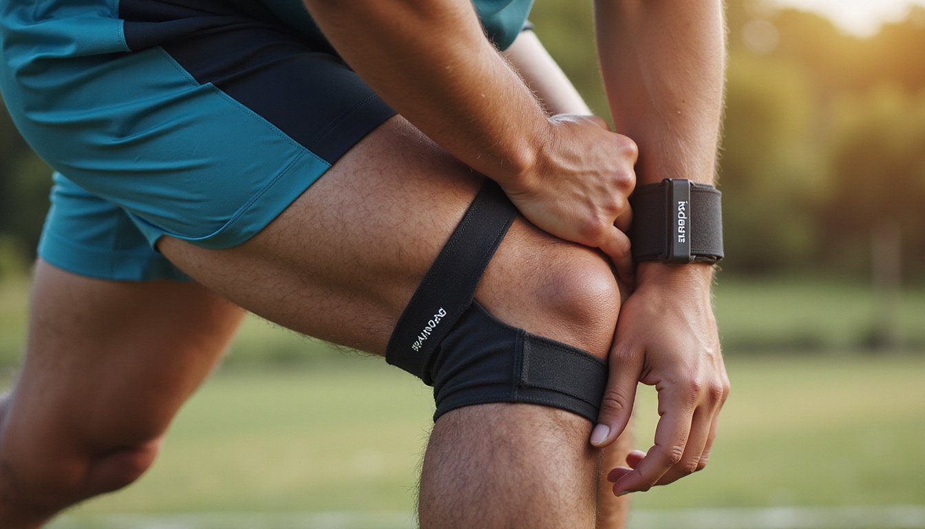  Close-up of player stretching calf, dynamic motion blur, wrist brace, infographic style labels