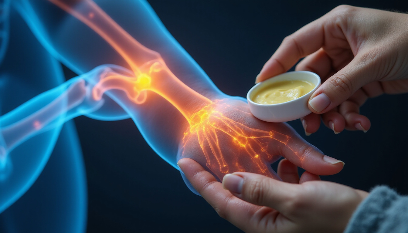  Close-up hands applying natural balm to arthritic wrist, botanical ingredients, X-ray overlay showing healing cartilage