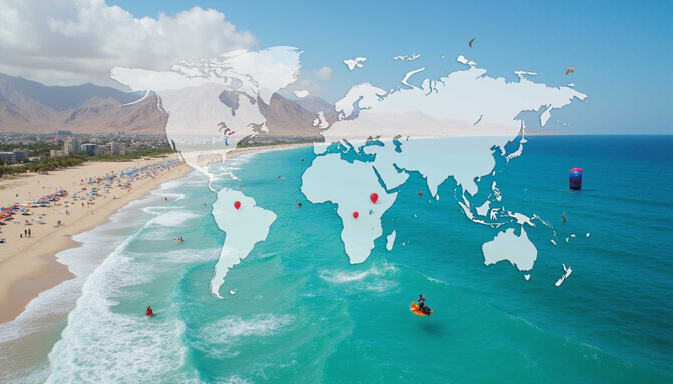  Aerial view of beachfront deals map overlay, price tags, kitesurfers, Sinai mountains backdrop