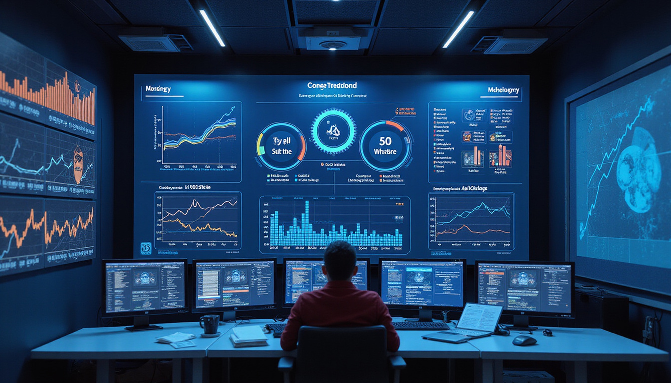  Sleek marketing control room with dashboards, conversion hacks blueprint, rising graphs, gears morphing into dollar signs