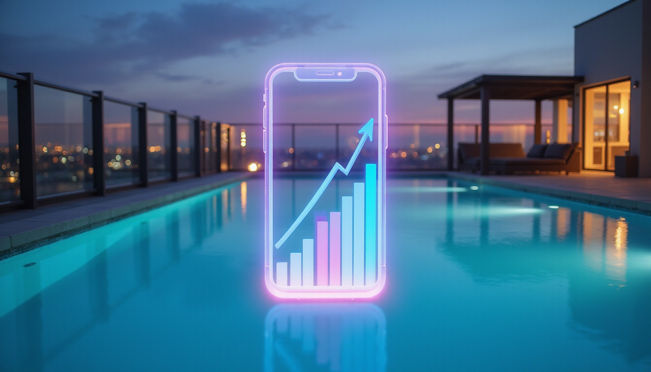  Elegant rooftop pool, smartphone booking confirmation glowing, search engine rankings chart floating