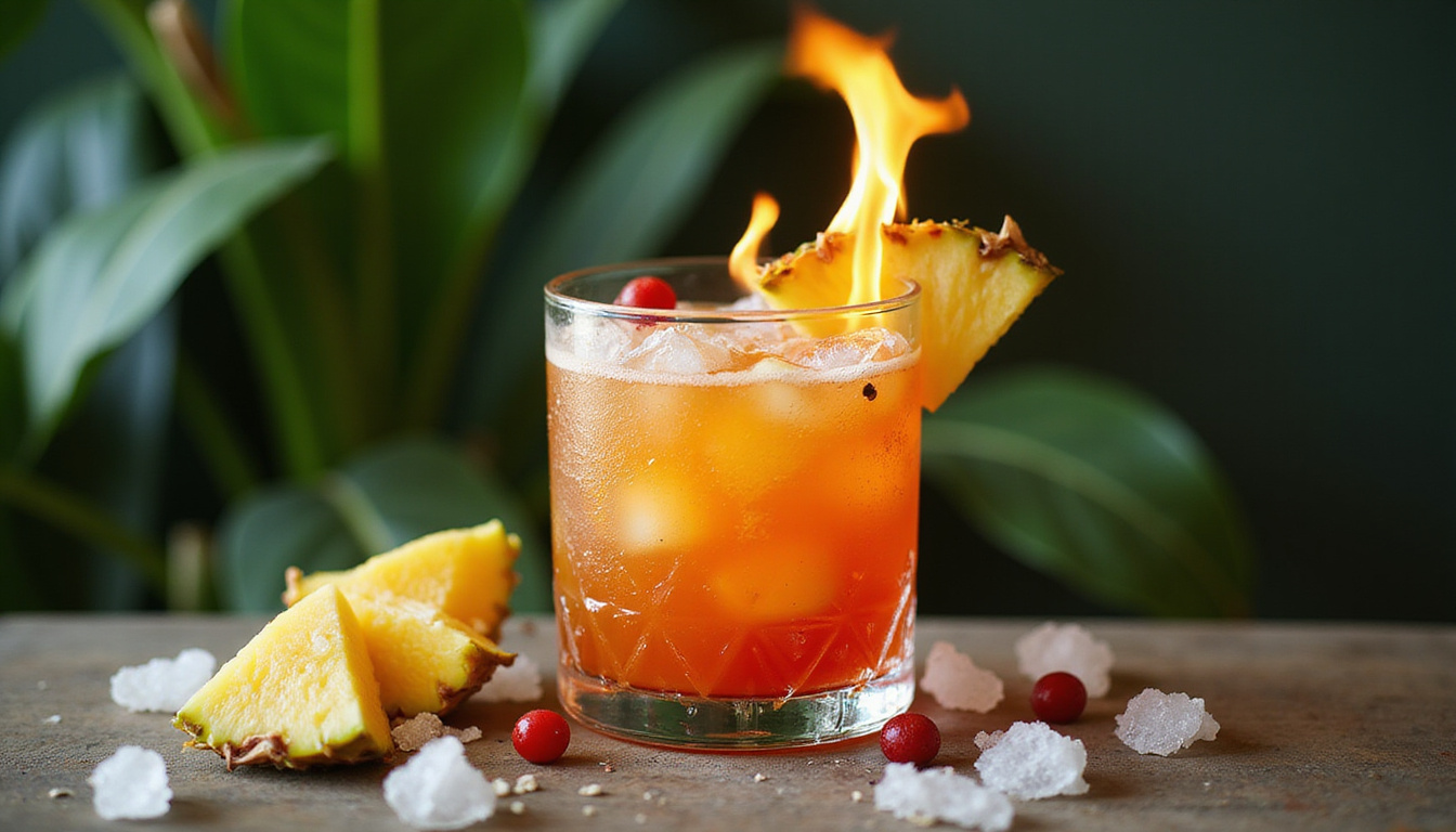 Close-up exotic rum cocktail with flaming garnish, crushed ice, pineapple, tropical foliage backdrop