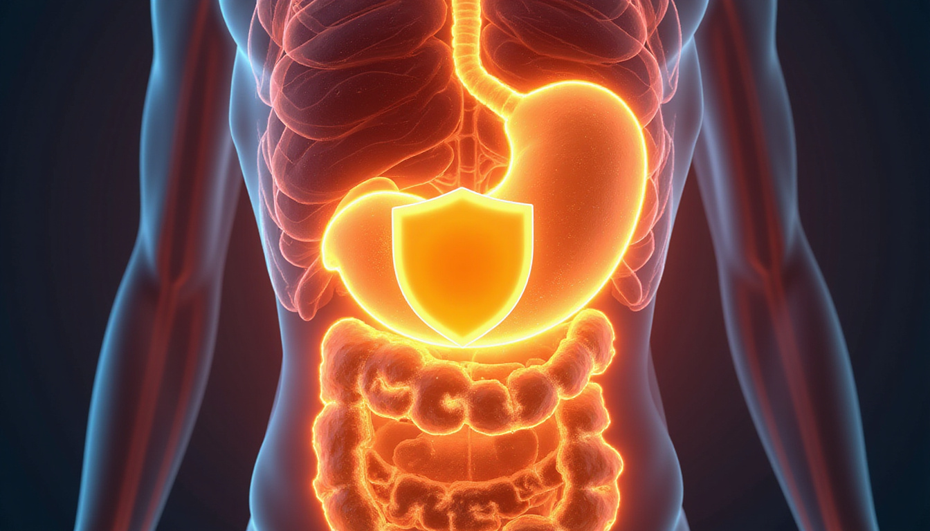  Cross-section of human torso glowing shield around stomach, fresh ginger root, herbs, vibrant medical illustration style