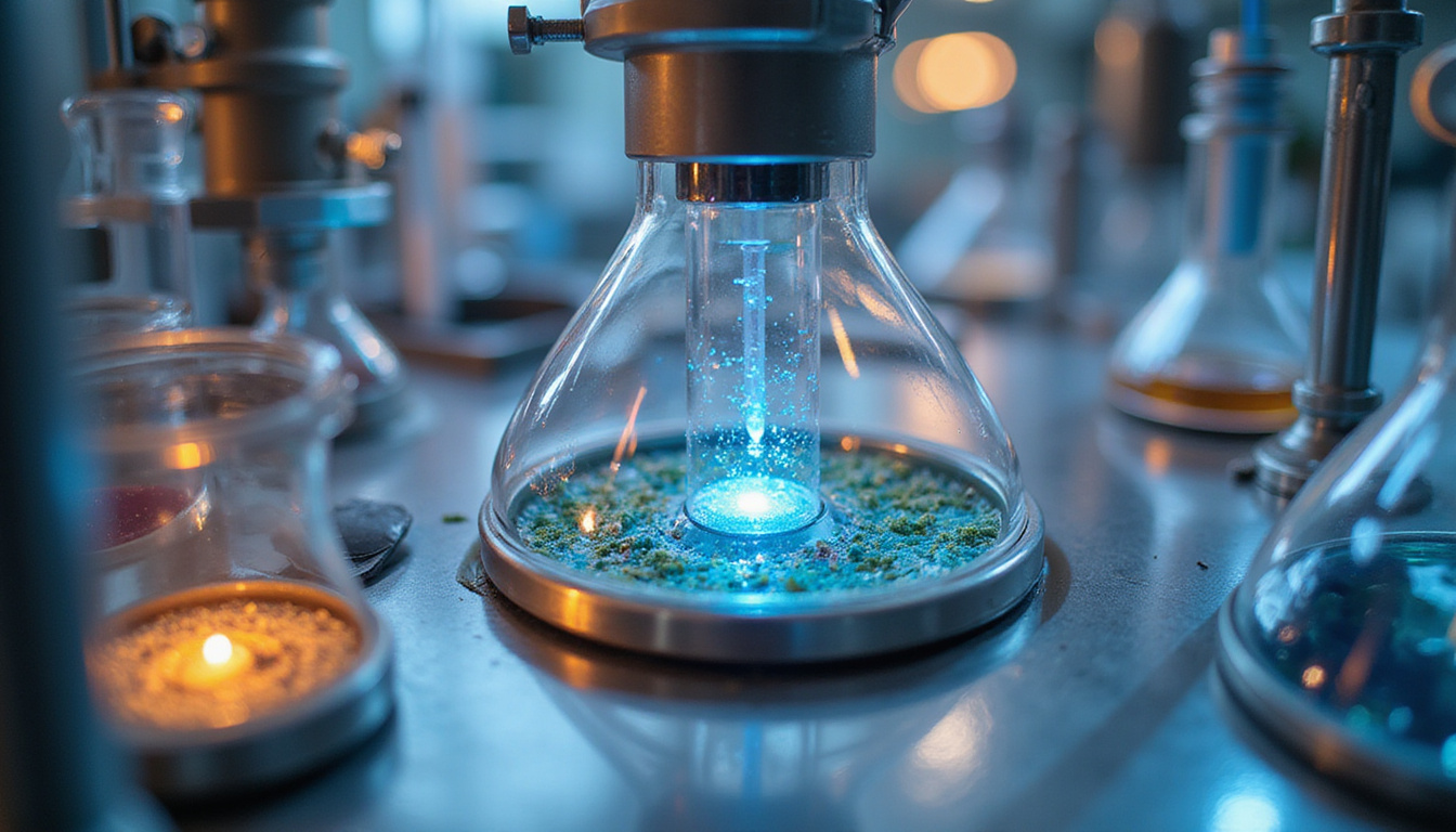  Close-up metallic interface, bioreactor chambers, iridescent fluid, transformative research atmosphere