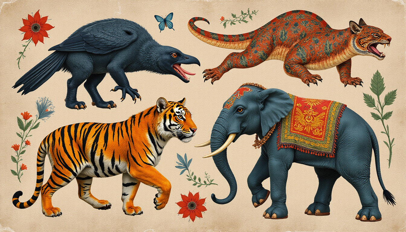  Collage of cultural animals—raven, serpent, tiger, elephant—rendered in mythic fresco style