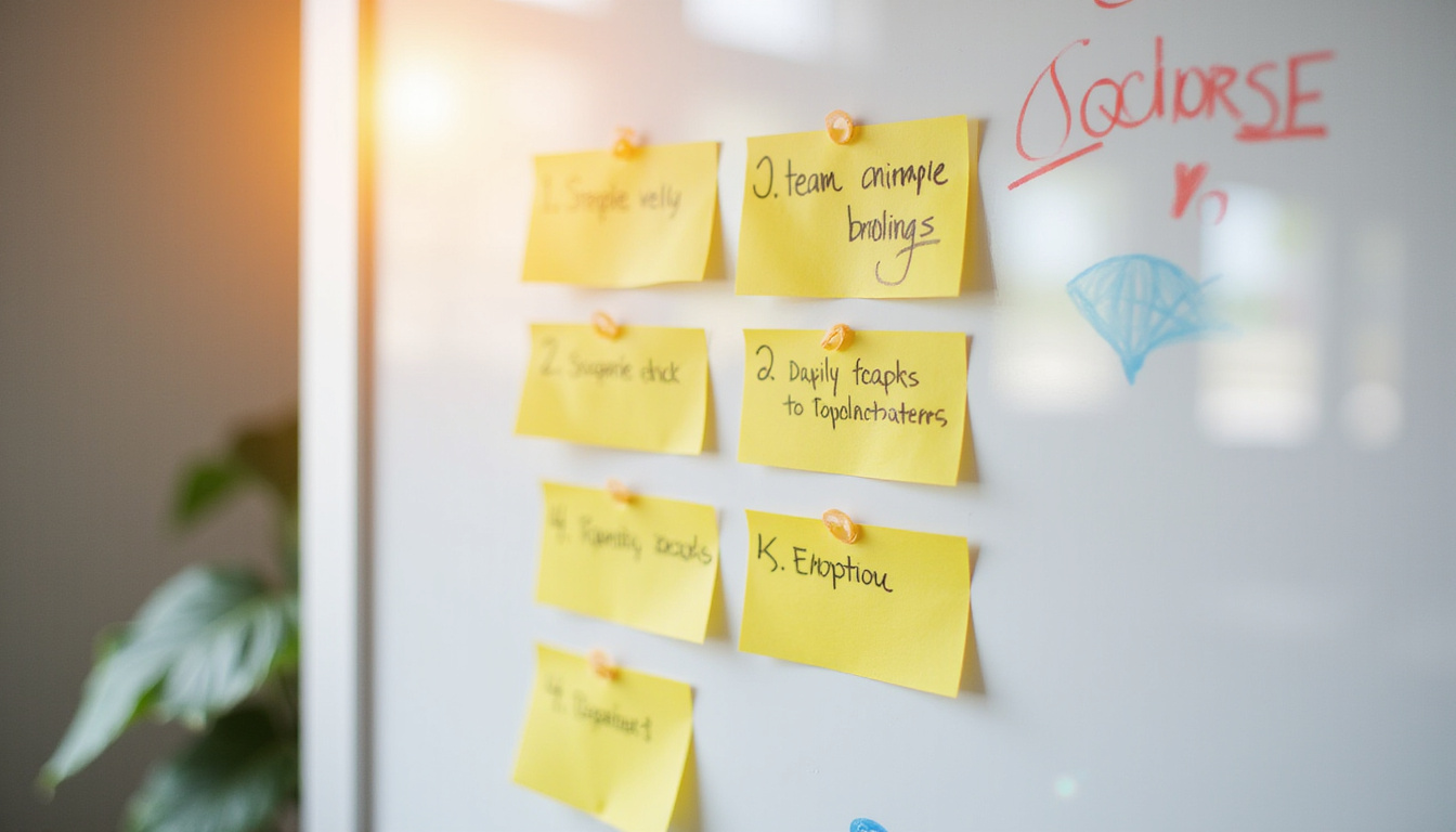  Whiteboard with simple sticky-note hacks, social media icons, golden light, optimistic team collaborating