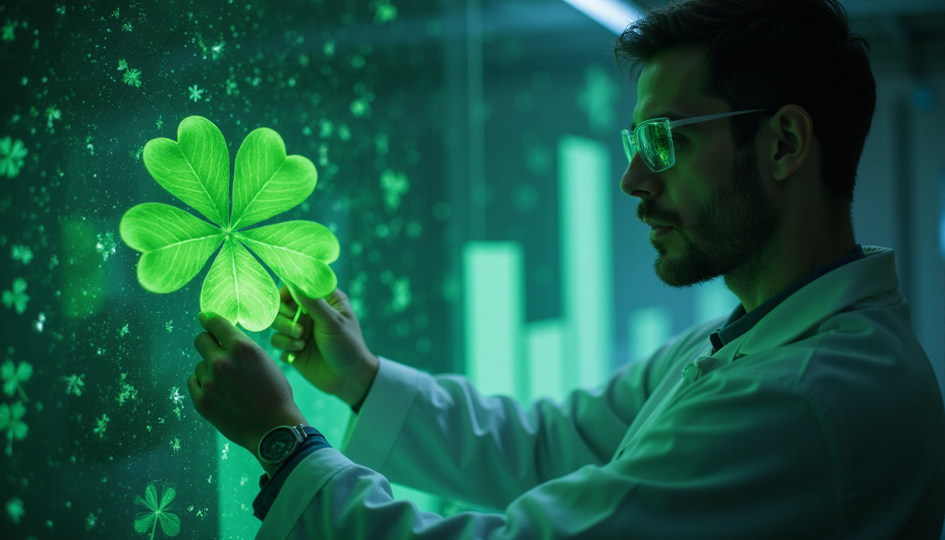  Lab scientist guiding glowing four-leaf clover through magnetic field as charts rise
