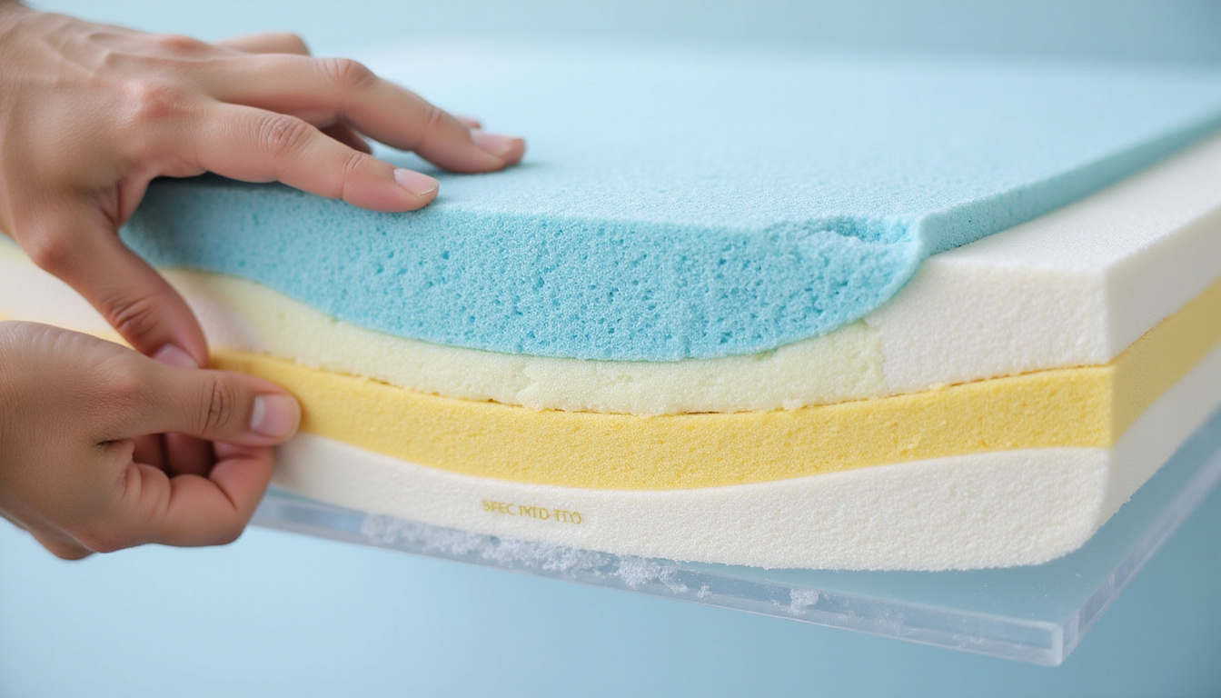 Cross-section of memory foam layers, labeled, plush support, cool gel infusion, expert hands inspecting