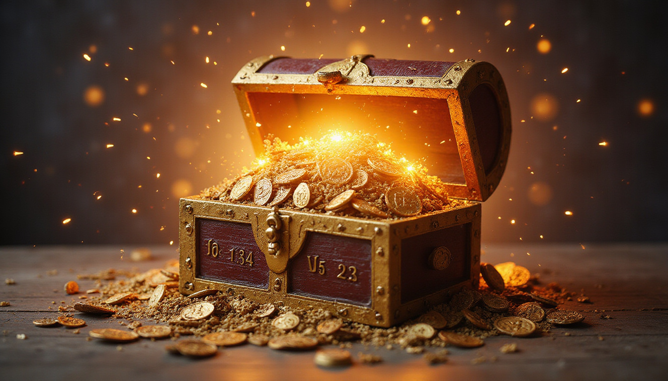 Astrological talisman engraved with lucky numbers, overflowing treasure chest, radiant fortune aura