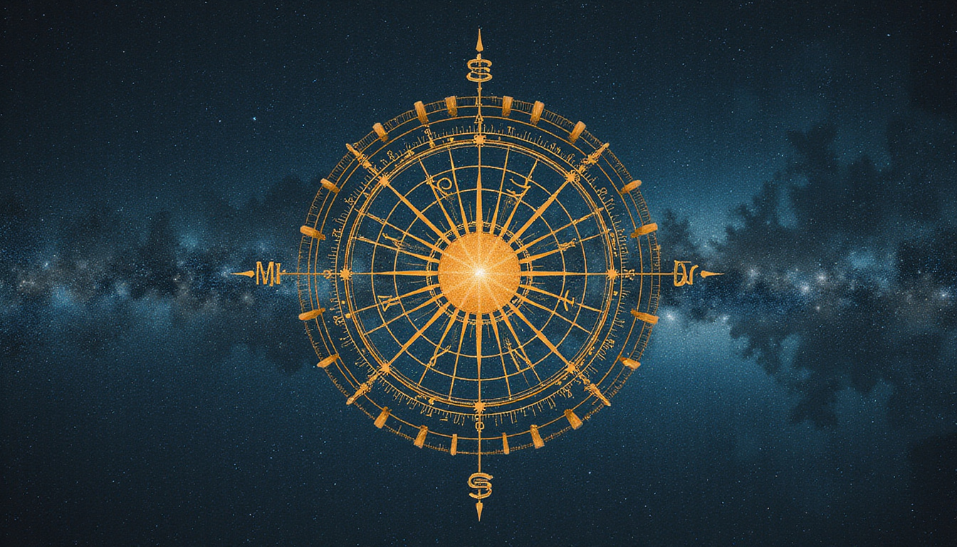 Vintage celestial sphere precessing, zodiac wheel aligned to fixed stars, scholar tracing luminous paths