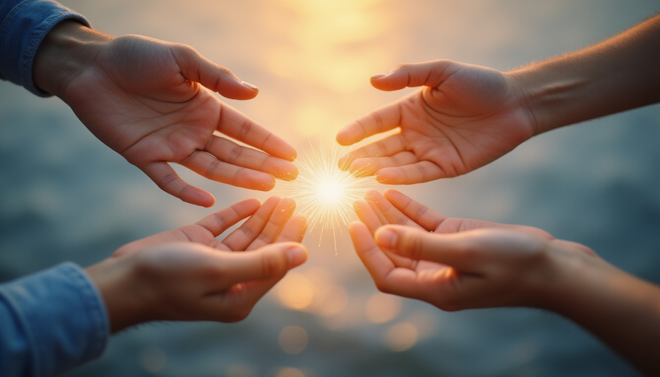 Close-up hands mid-gesture, mirrored body language, soft light, mutual understanding visualized as threads