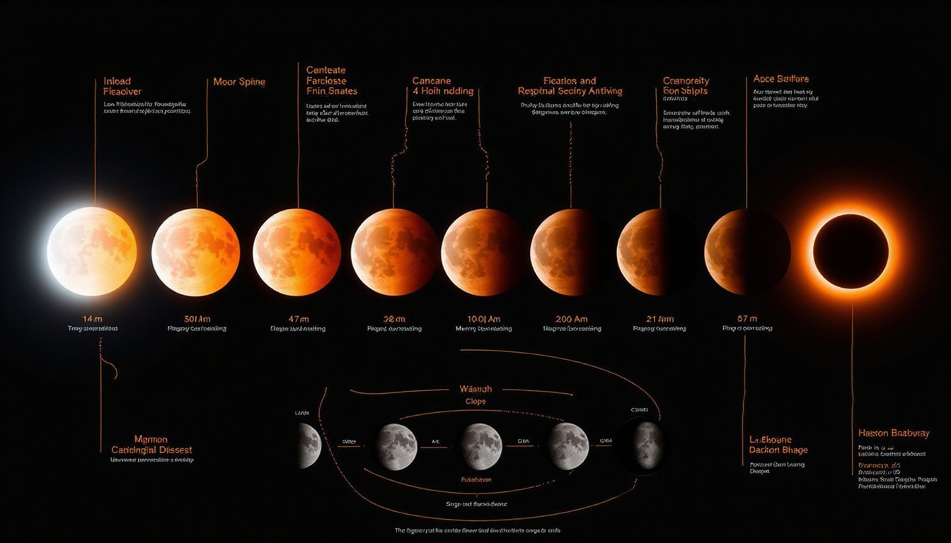 Educational montage showing lunar eclipse phases, camera settings overlays, annotated diagrams, glowing Earth shadow