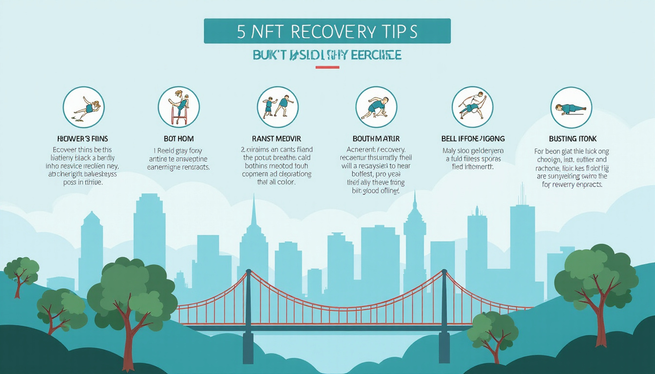 Infographic-style scene: recovery tips, exercise icons, Bukit Batok skyline backdrop, calm colors