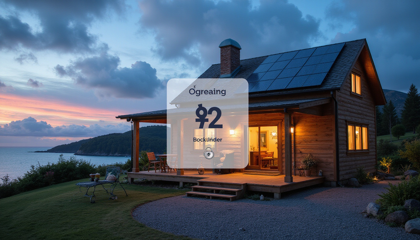 Cozy seaside cottage exterior at dusk, solar panels, smart lock,