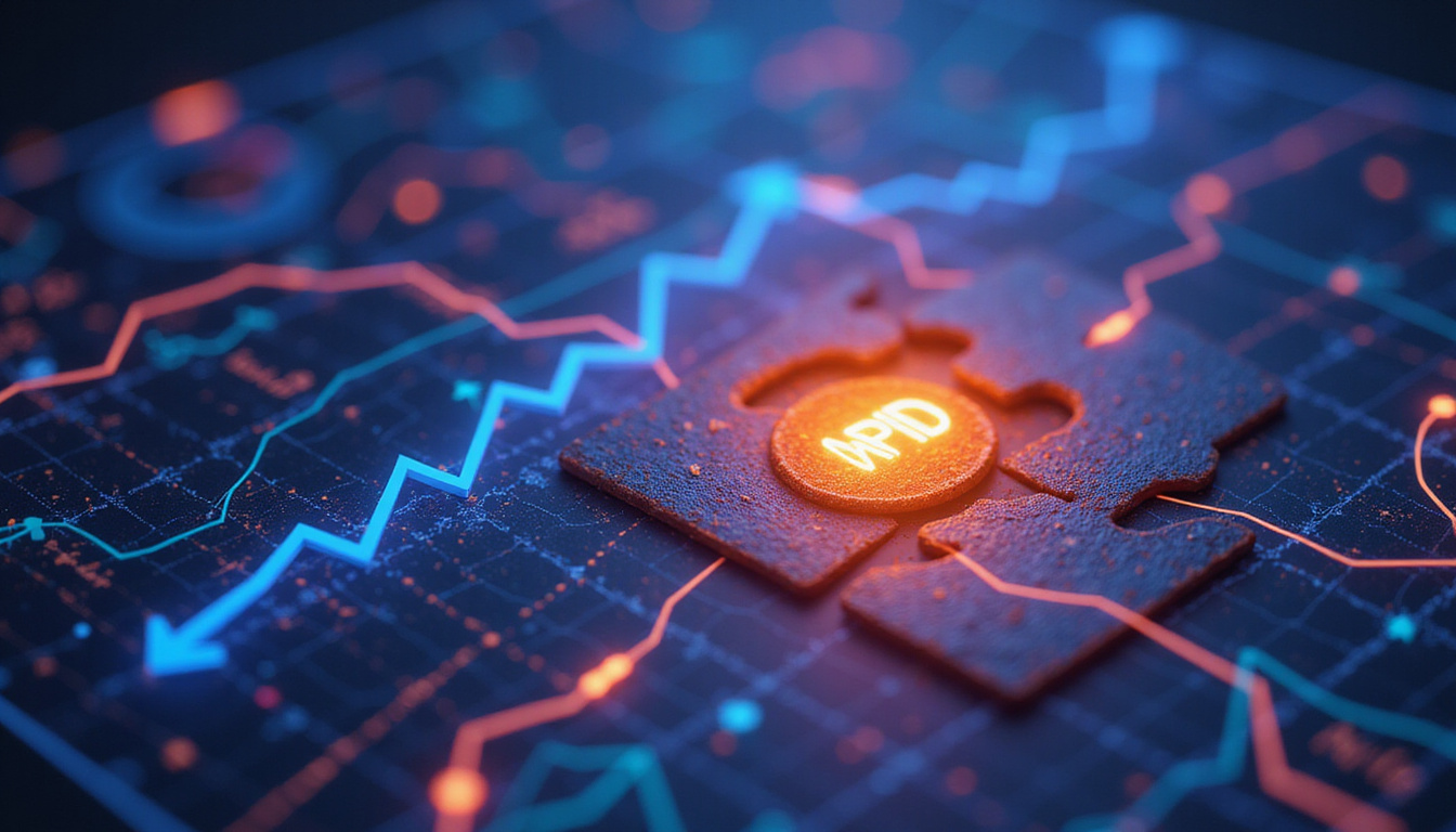 Puzzle of marketing channels unlocking glowing KPI treasure, charts, arrows, modern neon analytics