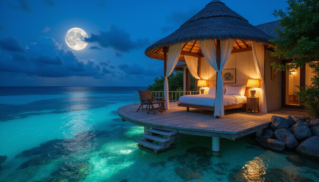 Glass-floor bungalow above coral reef, moonlit turquoise water, plush canopy bed, ornate brass lamps