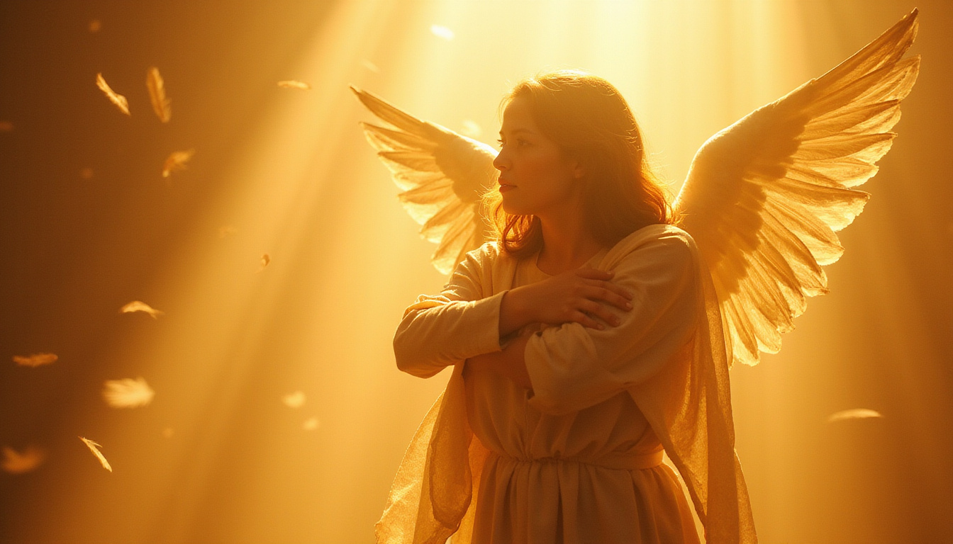  person bathed in warm golden light, translucent guardian angel embracing, calm tear, feathers spiraling
