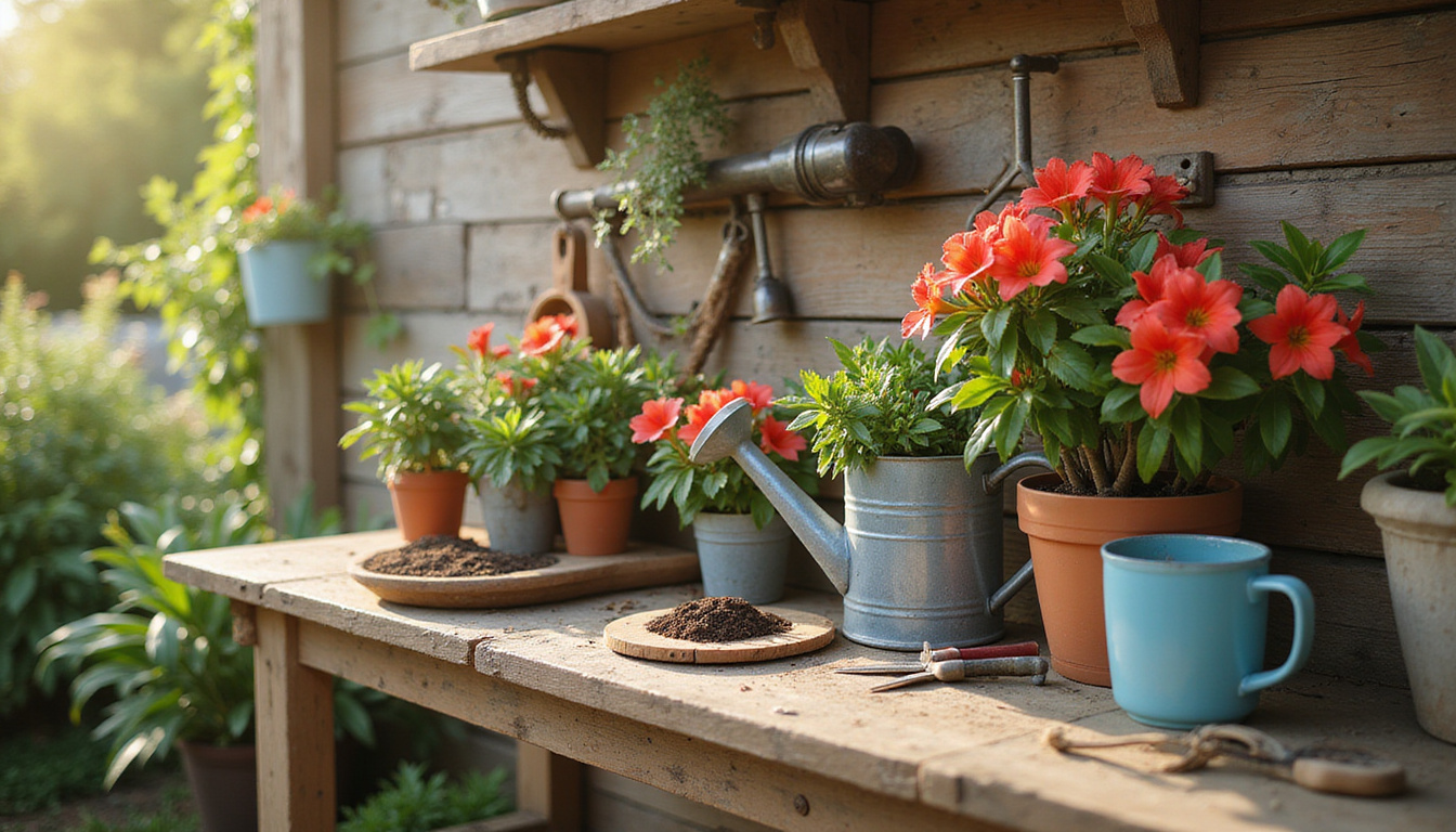  Rustic potting bench with azalea care tools: watering can, fertilizer, soil, pruning shears, sunlight