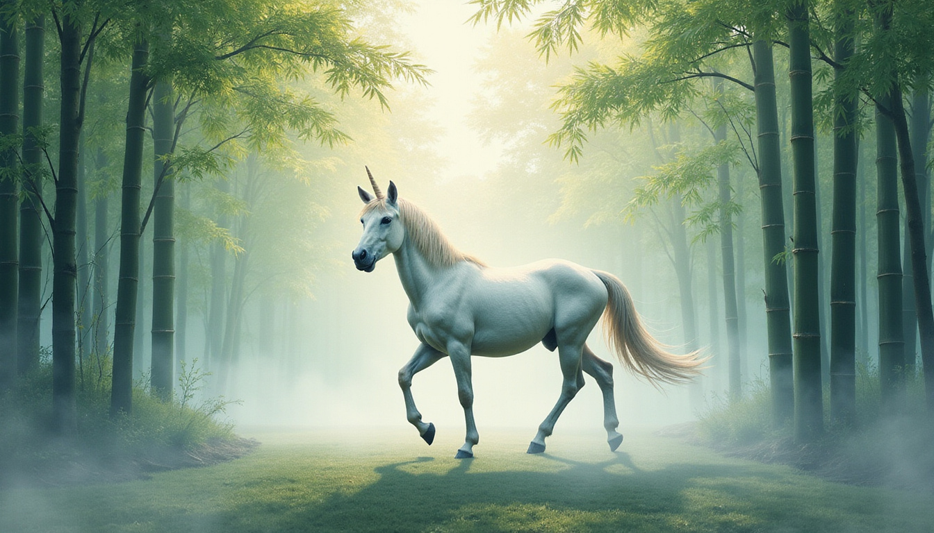  Kirin strolling misty bamboo grove, pearlescent mane, gold leaf highlights, traditional Japanese painting