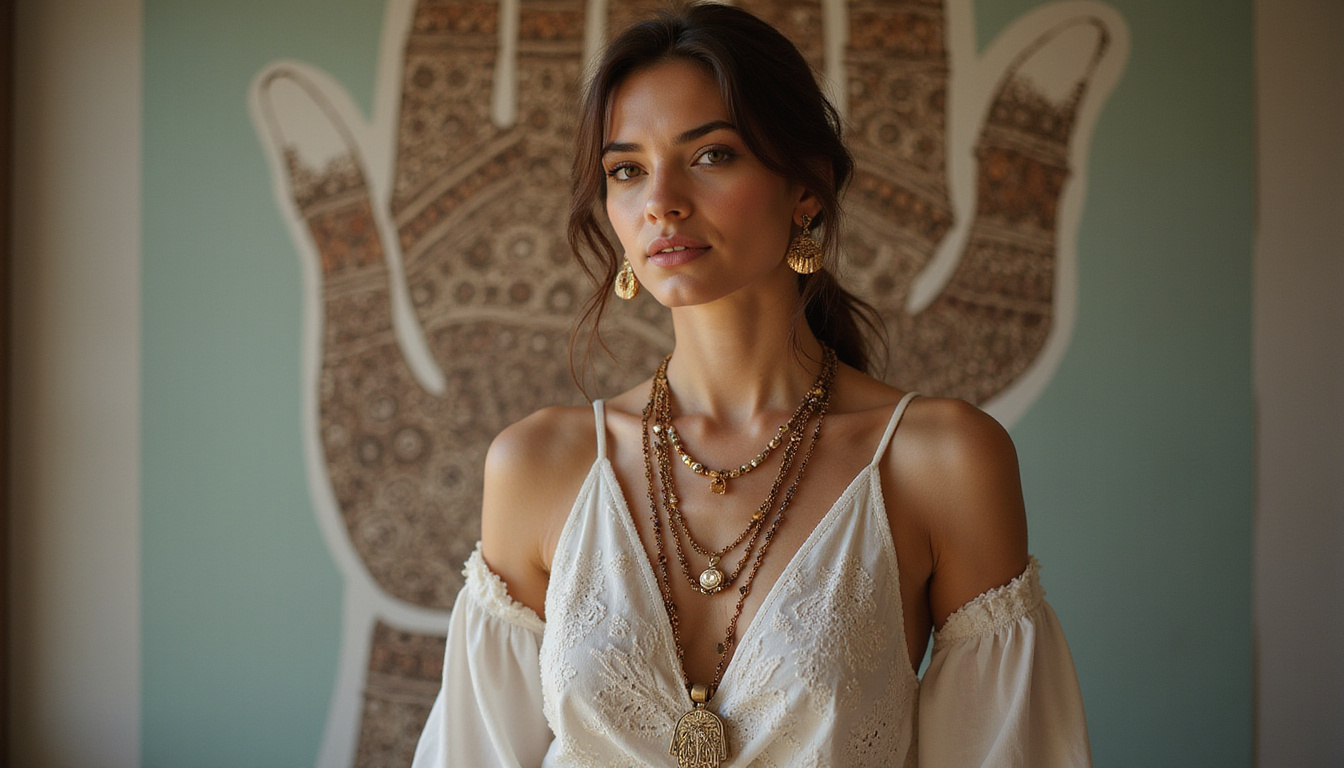  Modern fashion model wearing layered Hamsa necklaces, stylized henna hand backdrop, soft studio lighting