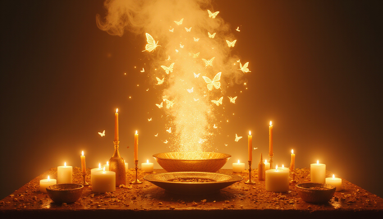 Sacred altar with golden candles, smoke, butterflies emerging from a radiating mandala of rebirth