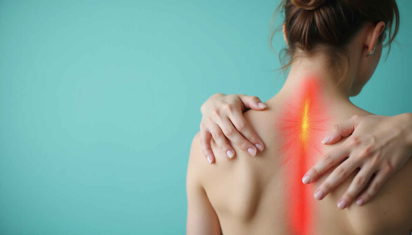  Close-up therapist hands doing trigger point release on shoulder, anatomical overlay, calming teal background, instructional