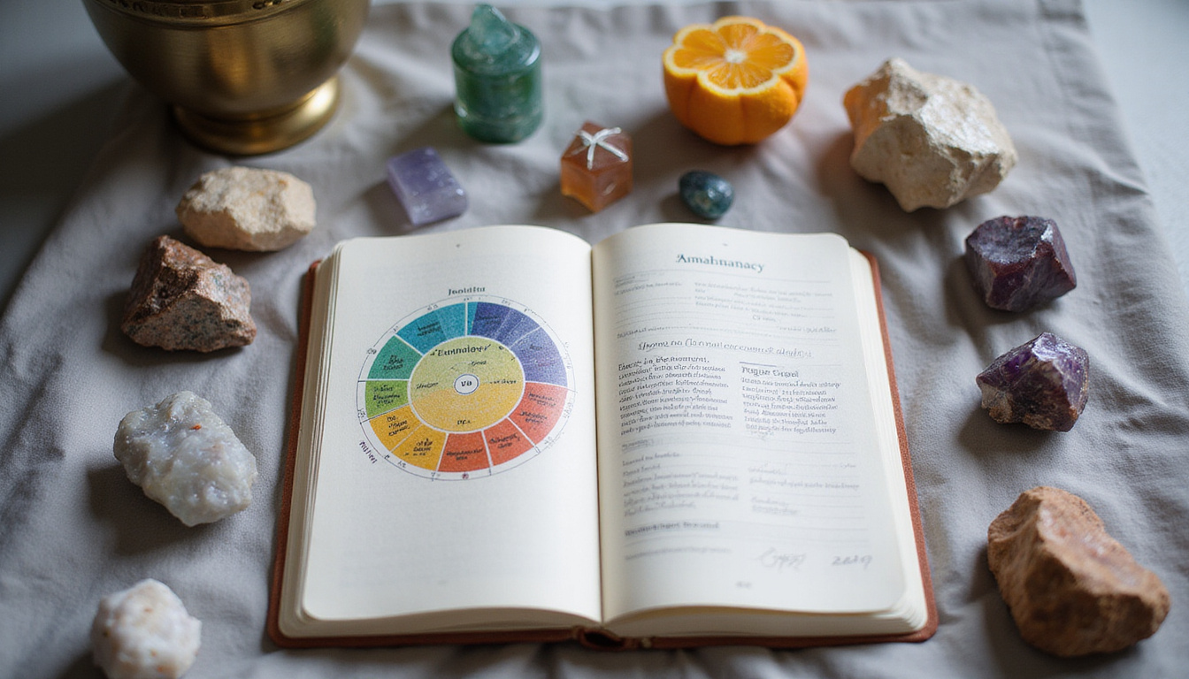 Altar with crystals, journal and lunar map, soft silver light, monthly ritual energy