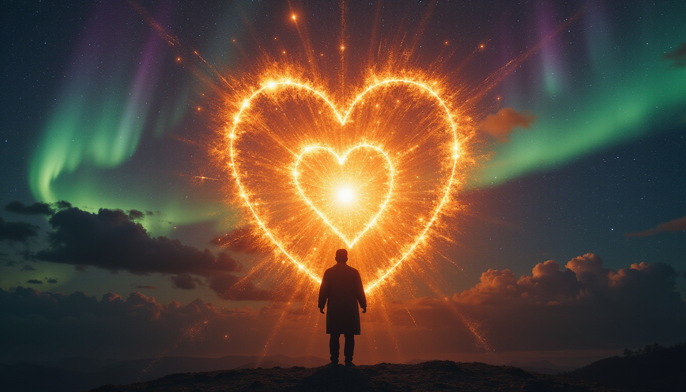  Sun-heart alignment close-up, glowing celestial key unlocking human silhouette, transformative aurora and cosmic sparks