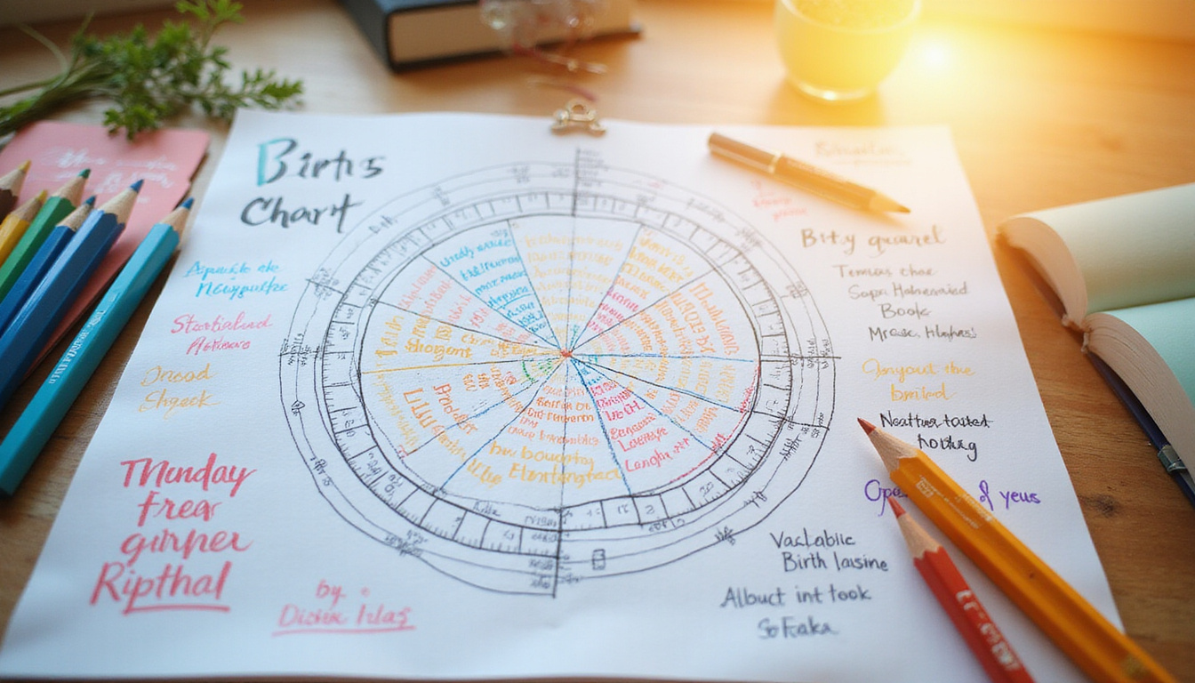 Annotated birth chart with handwritten notes, colored pencils, textbooks, soft morning light