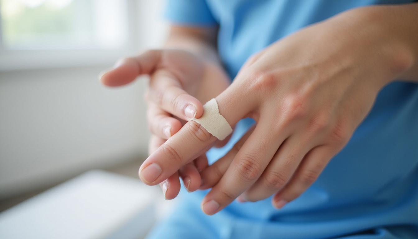  Close-up of therapist taping thumb, demonstration of proper grip prevention, clean clinic background