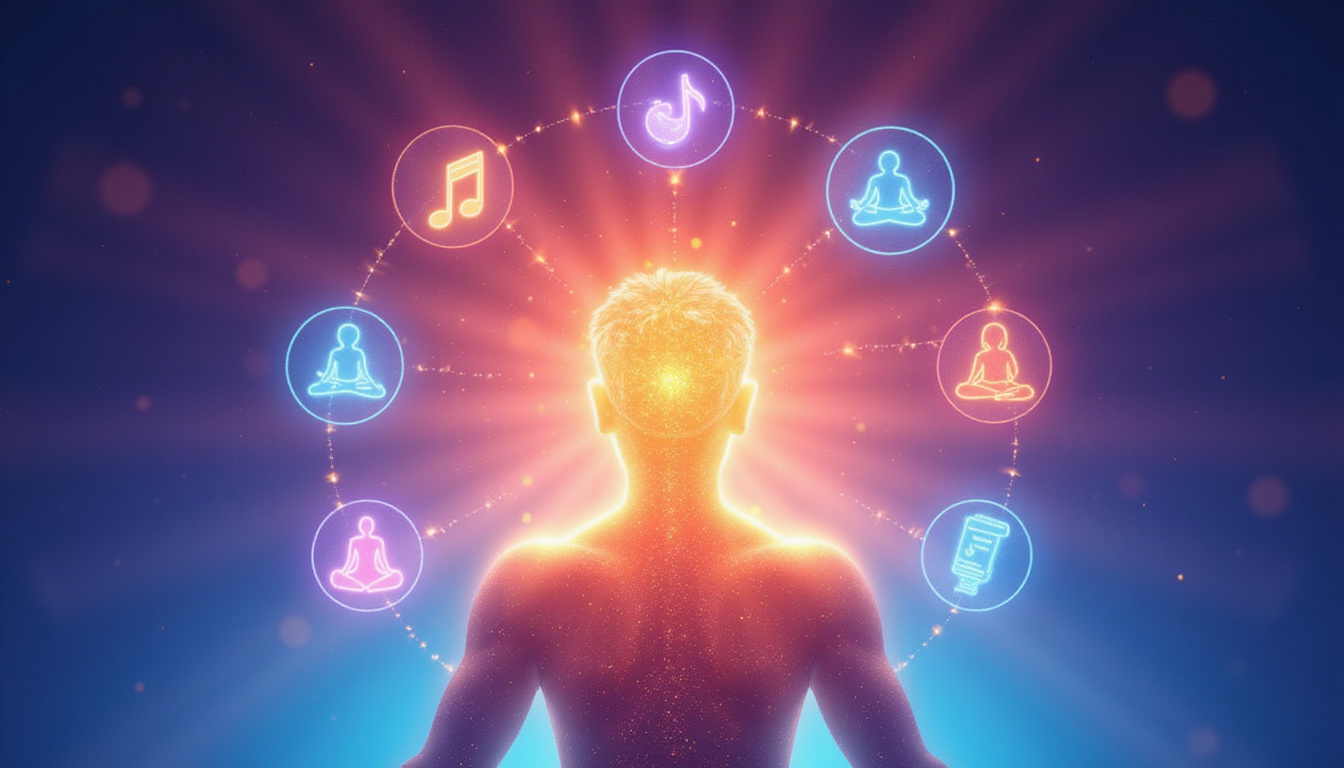 Glowing human silhouette surrounded by seven recovery icons: VR, music, yoga, community, neuro-exercises