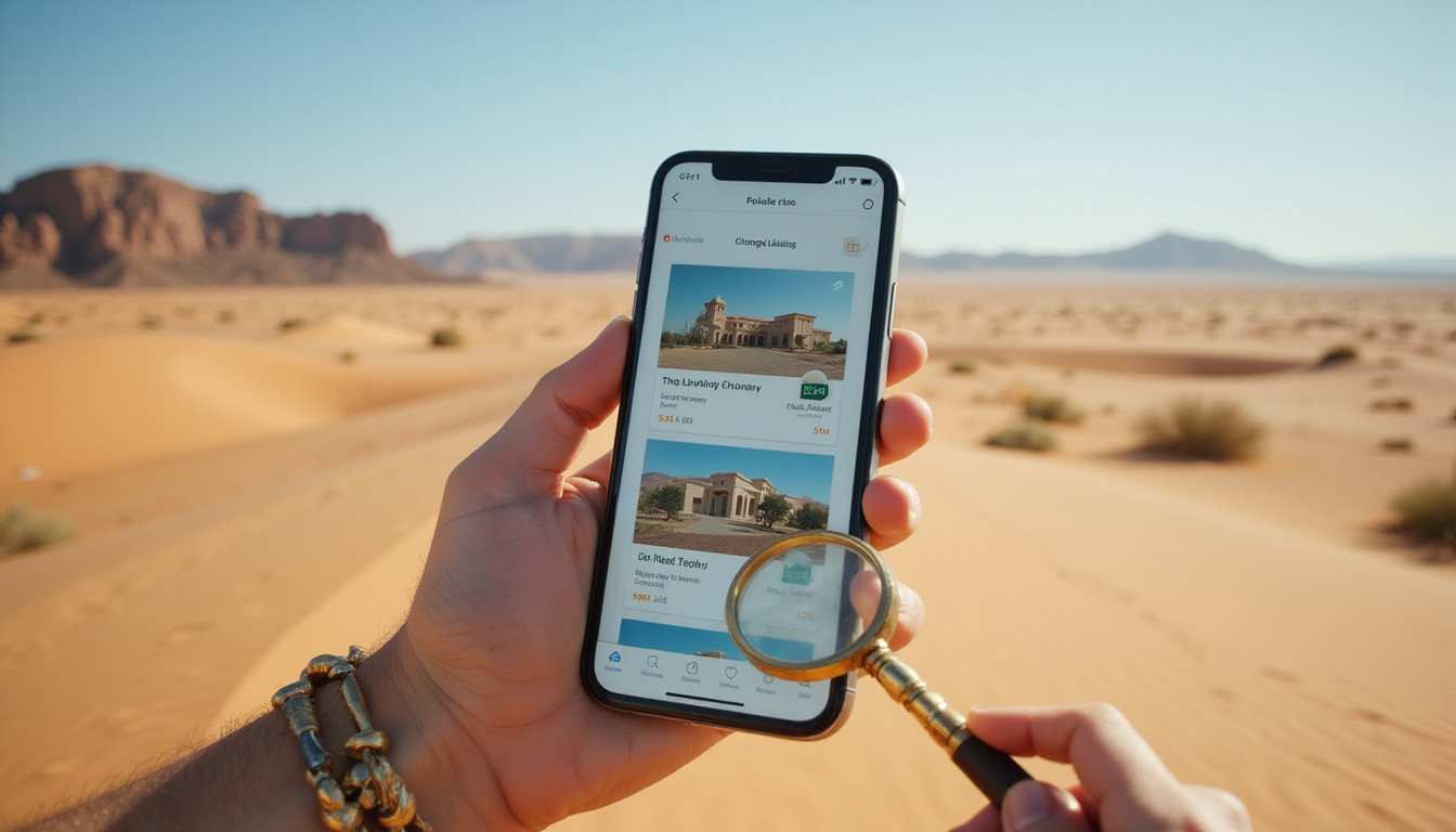  Close-up smartphone displaying Arabic luxury property listings, magnifying glass, brass key, desert skyline