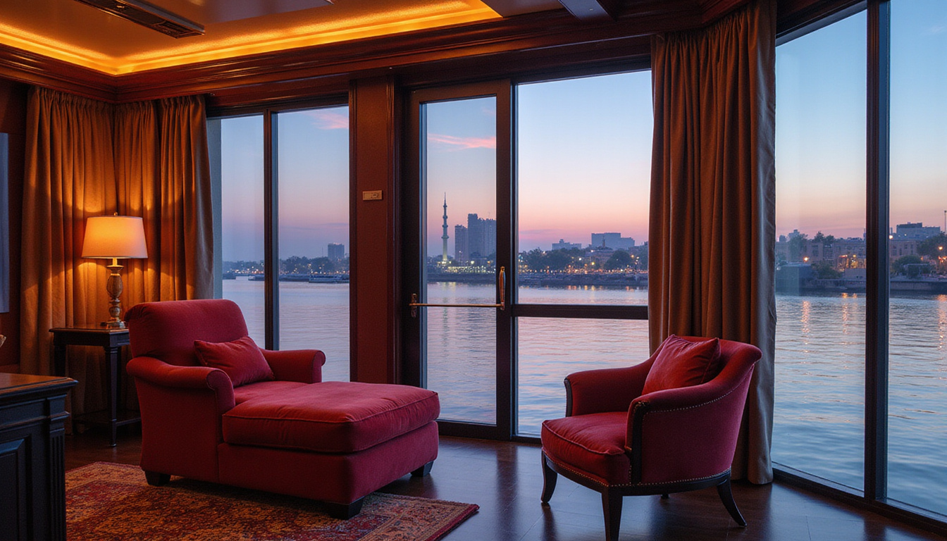  Luxury riverboat suite with velvet chaise, floor-to-ceiling windows, Cairo skyline, twilight reflections