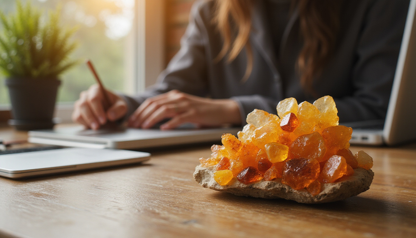  Polished citrine, carnelian, fluorite on wooden desk, laptop, focused hands, potted plant, warm glow