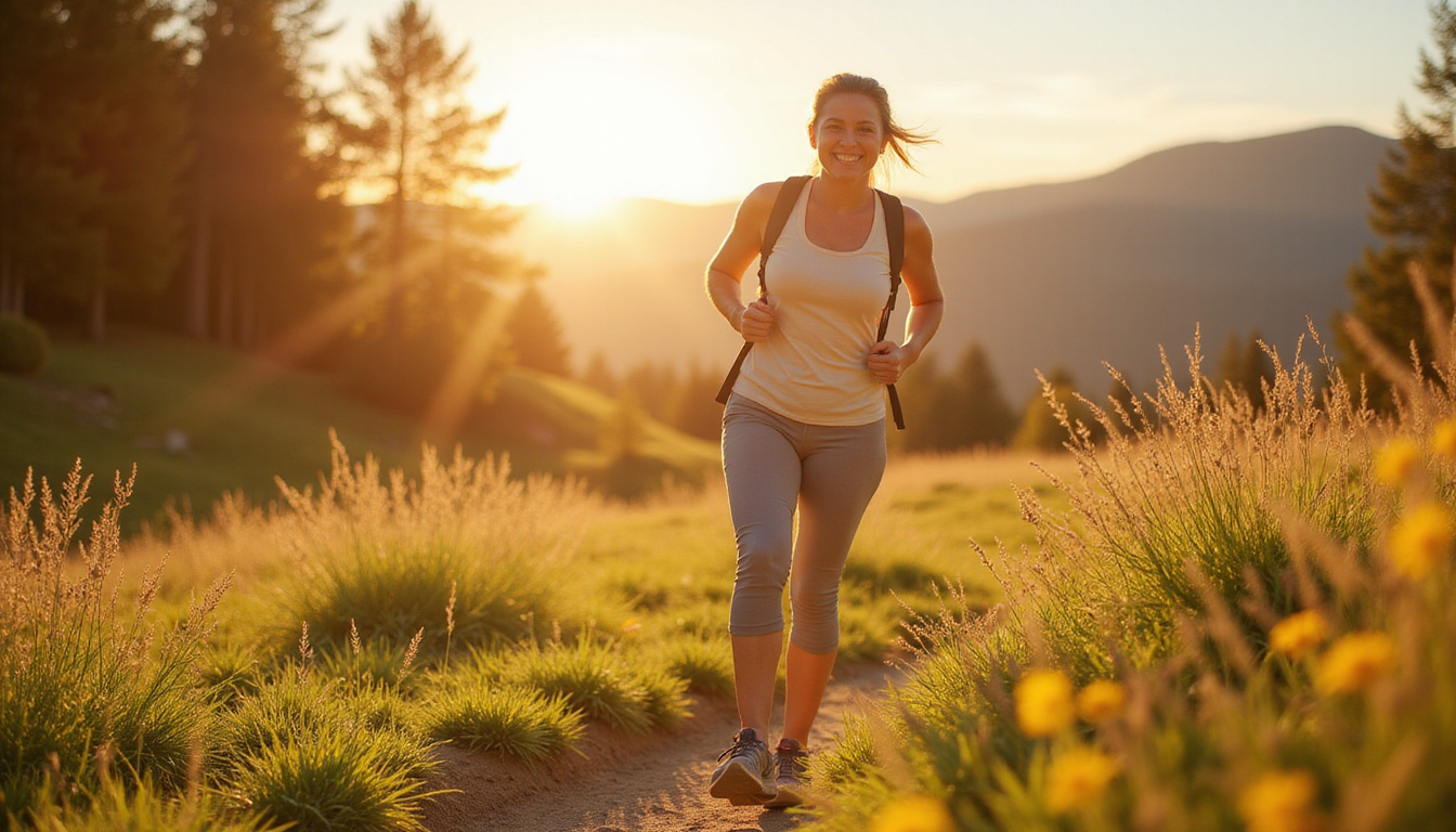 Joyful middle-aged woman hiking, pain-free stride, sunlight, subtle knee aura of lubrication