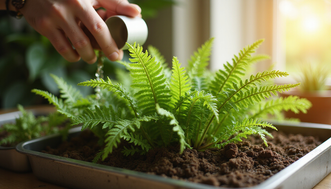  Indoor plant care scene: hands watering money fern, humidity tray, rich soil, golden light