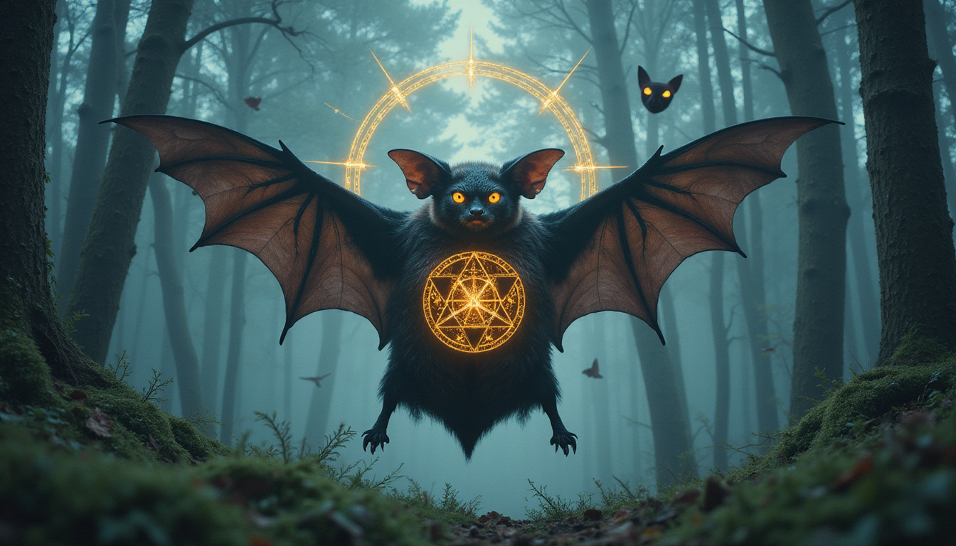  Shamanic bat spirit weaving luminous sigils through misty forest, floating mythological masks