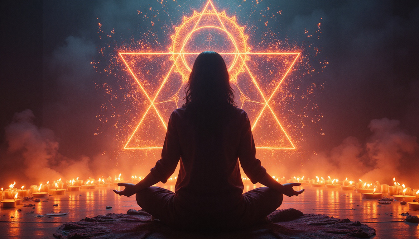  Shadowy practitioner performing transformative ritual, khatvanga raised, candles flickering, sacred geometry