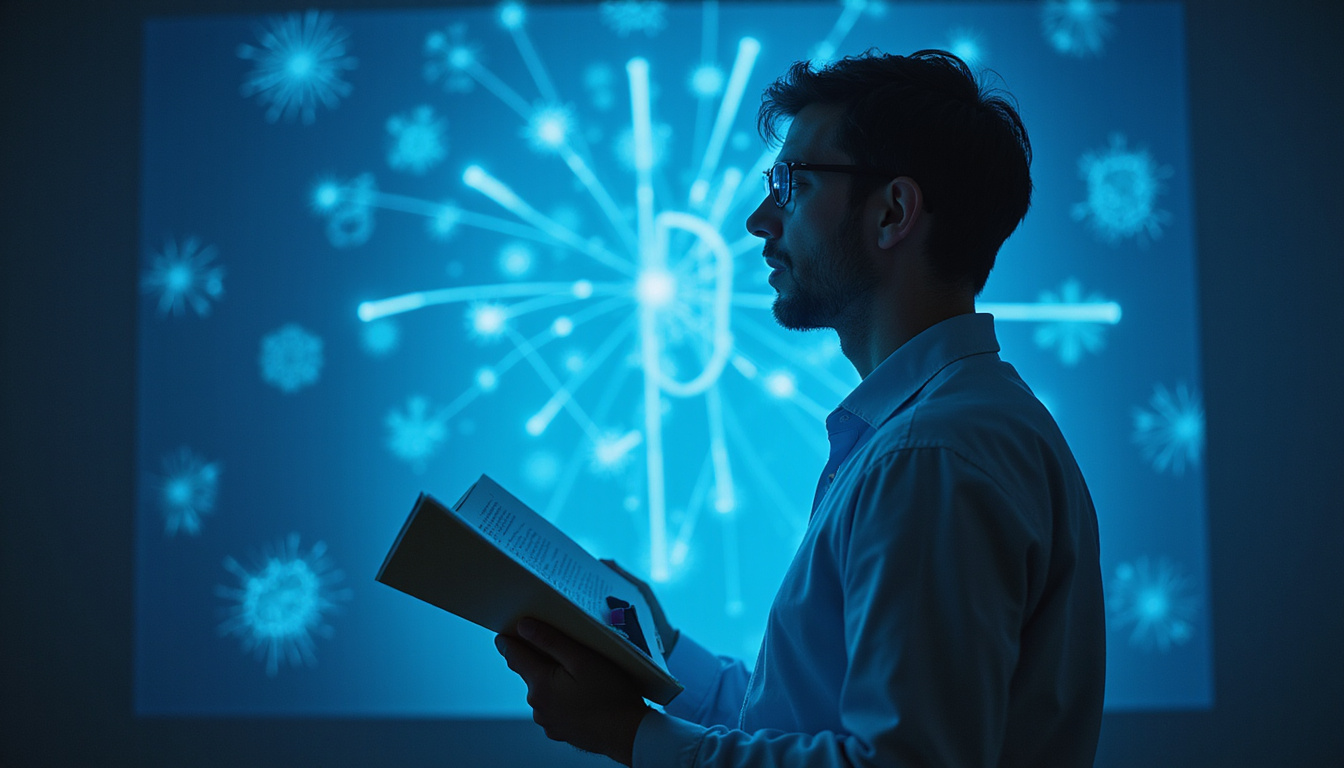  Skeptical investigator with EEG and notes watching honest medium radiating soft blue truth light