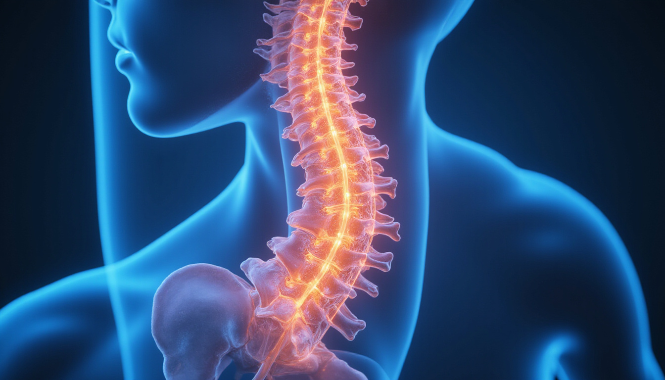transparent spinal anatomy overlay, minimally invasive endoscope navigating nerve root, blue surgical lighting
